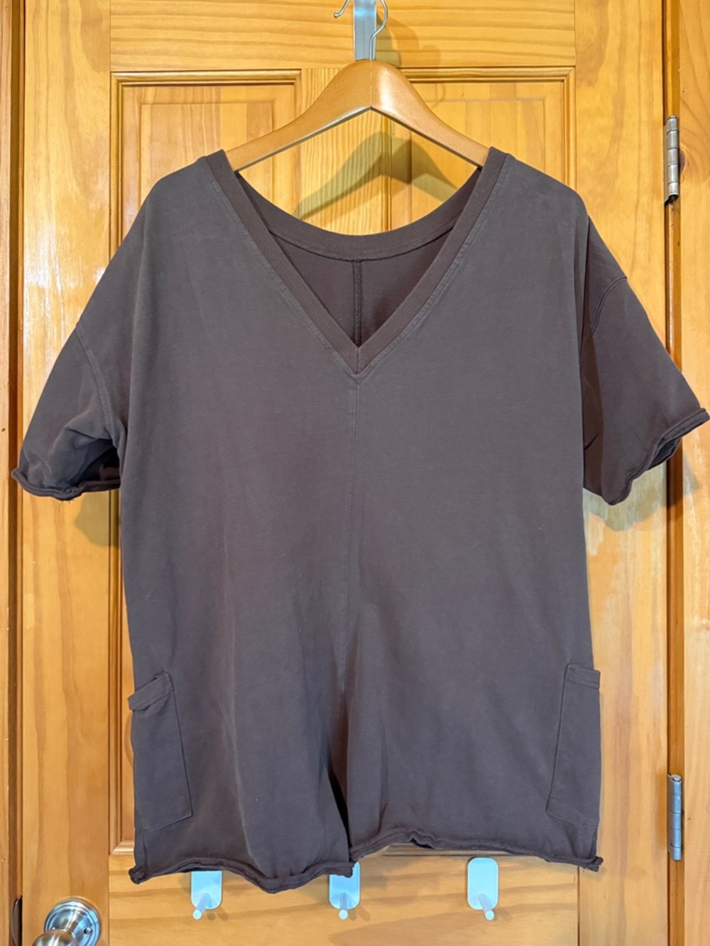 Brown Short Sleeve V-Neck Reversible Oversized Romper with Pockets